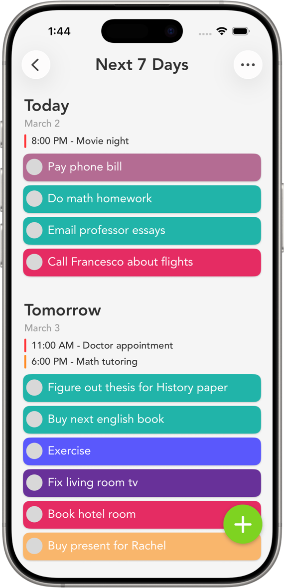 Smart Tasks Next 7 Days week view on iPhone